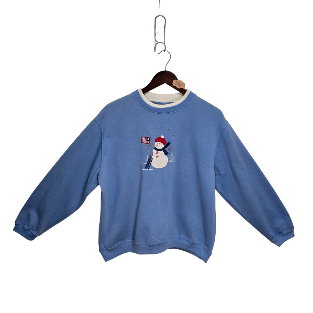 Vintage Classic Elements Snowman American Flag Sweatshirt Blue 80s Grandma Large
